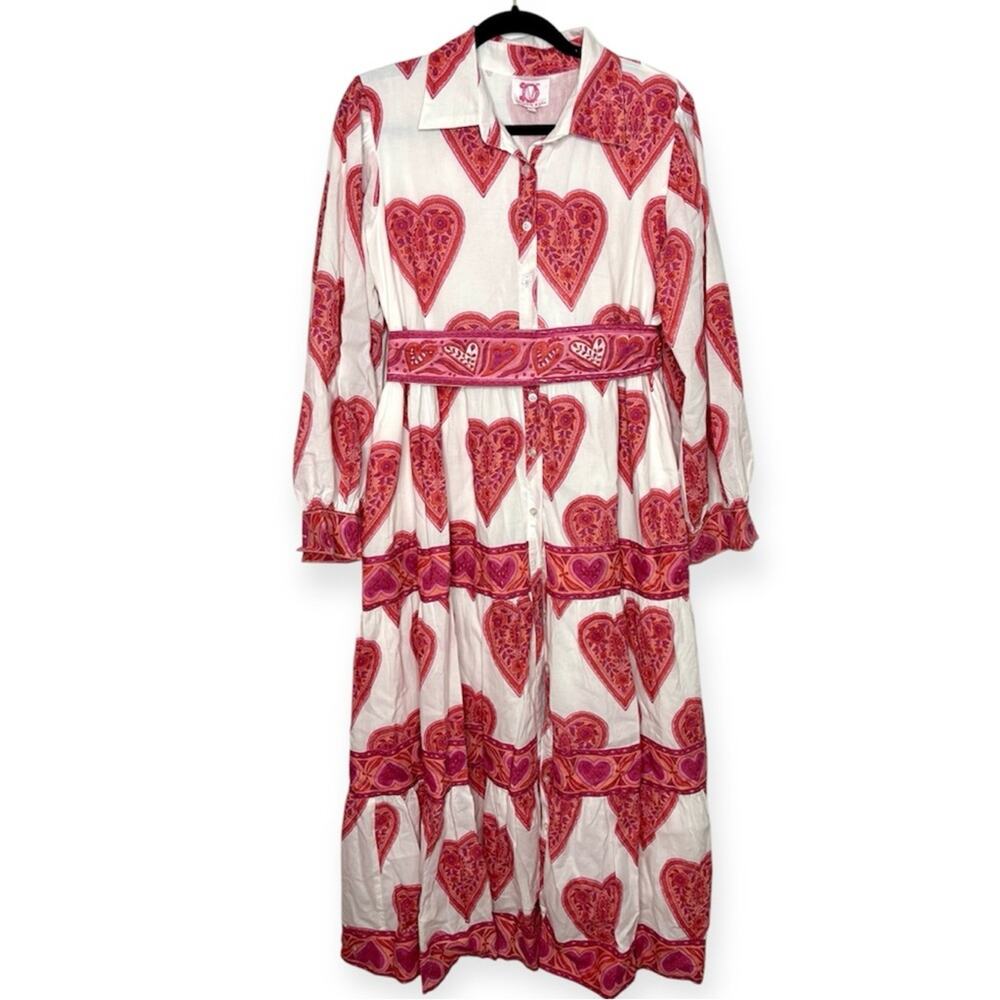 Victoria Dunn 100% cotton valentine's heart white and pink maxi dress size large